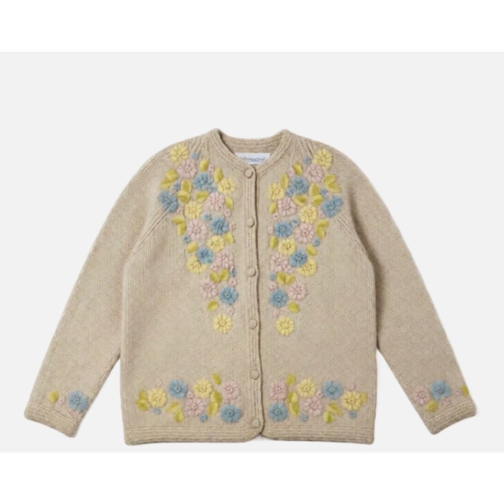 Vintage‎ Voguemont Wool Cardigan Sweater Floral Embroidered Pastel Knit Medium